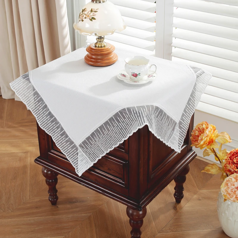 唯米5702简约百搭白色水洗棉正方形防尘盖巾小清新蕾丝床头柜盖布