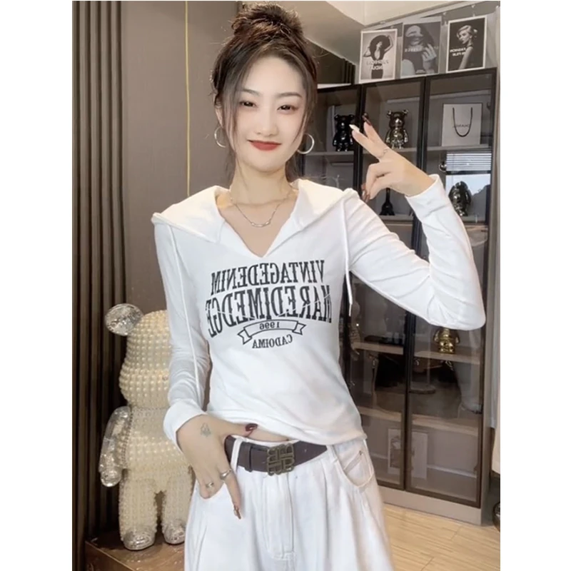 简约休闲时尚连帽长袖T恤女秋季2024新款百搭洋气字母上衣卫衣潮