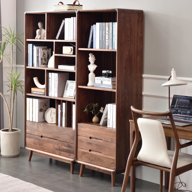 北美黑胡桃木组合书柜简约日式实木展示柜书房置物柜玻璃门收纳柜