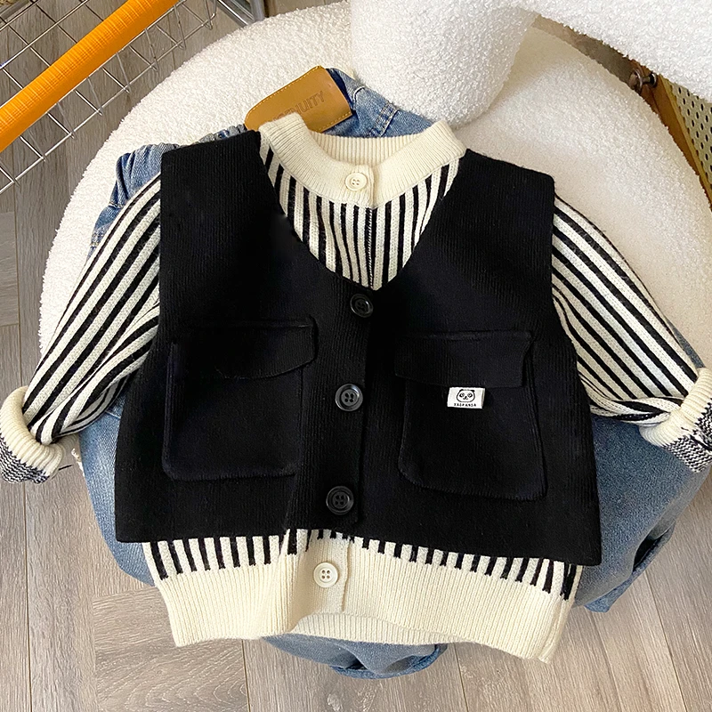 （现货现货）韩版条纹圆领假两件洋气好搭秋冬儿童针织长袖毛衣开衫