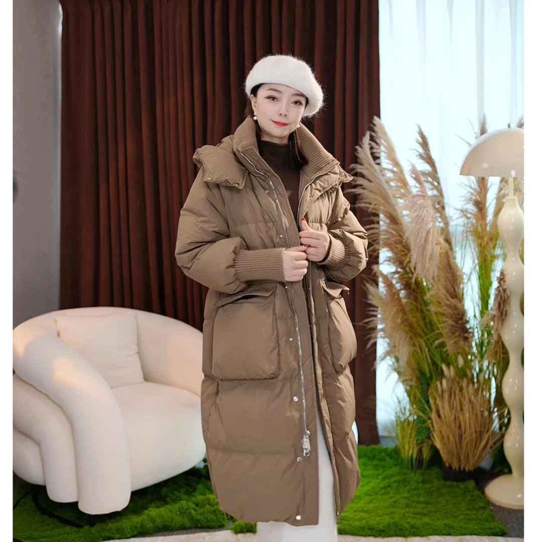 【卡李尼】秋冬连帽长款90白鸭绒女士保暖羽绒服-975