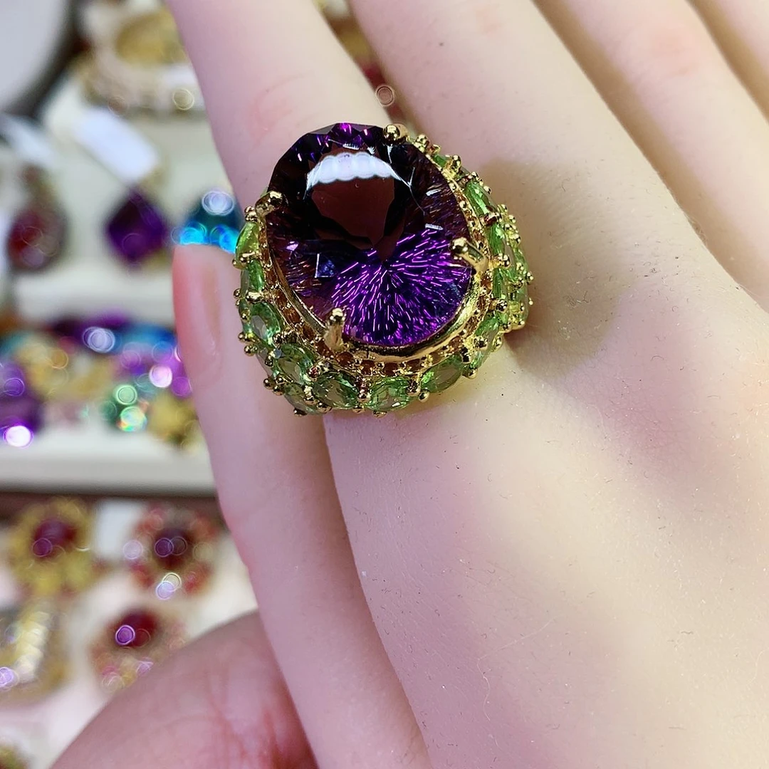 紫晶戒指银S925镀金镶嵌