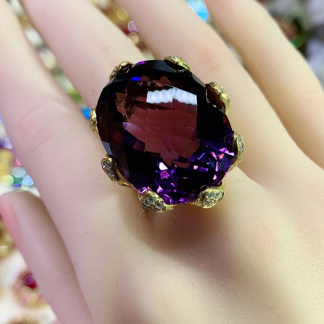 紫晶戒指银S925镀金镶嵌