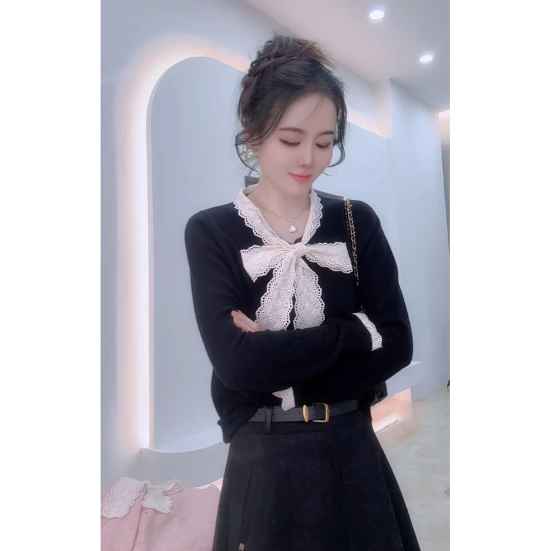 E'VAN【灰蝴蝶】秋冬小香风蕾丝针织开衫全羊毛气质时尚百搭毛衣女