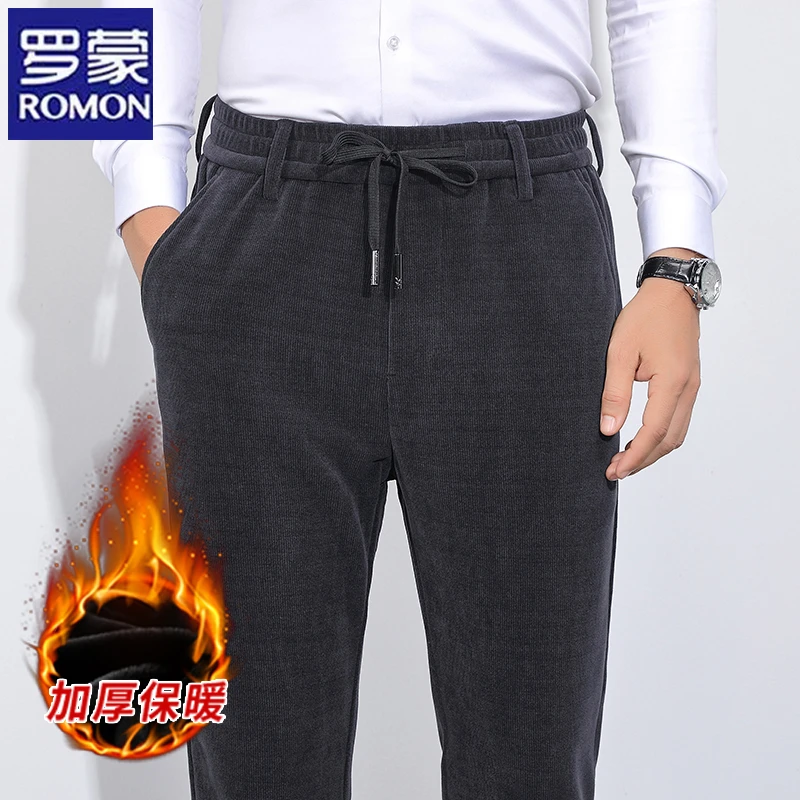 Romon/罗蒙秋冬加厚加绒灯芯绒裤子男宽松直筒百搭条绒男士休闲裤