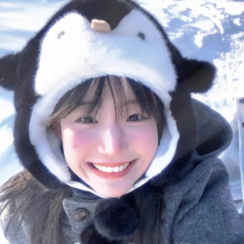 原版日系呆萌可爱卡通企鹅毛绒帽子女冬季保暖滑雪护耳百搭雷锋帽
