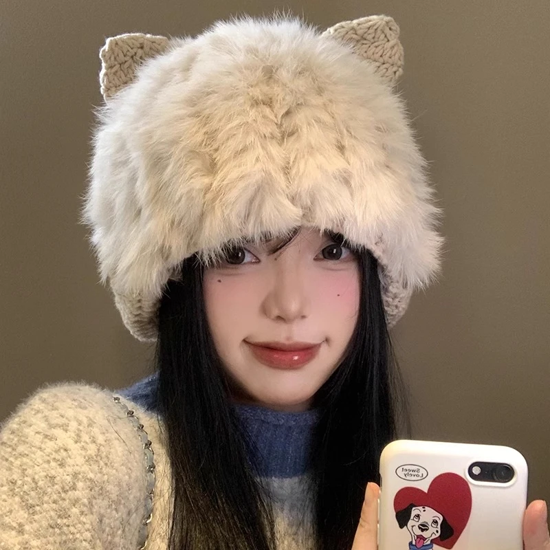 猫耳朵兔毛帽女秋冬季可爱显脸小针织毛线帽保暖护耳套头毛绒帽子