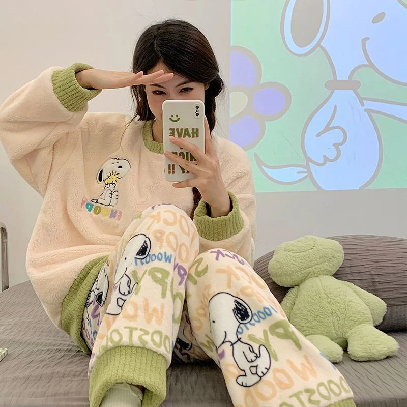 冬季新款保暖睡衣女套头珊瑚绒加厚甜美卡通可爱内外穿家居服套装