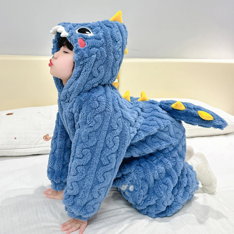 儿童连体睡衣秋冬季法兰绒加绒加厚珊瑚绒睡袋男女宝宝卡通家居服