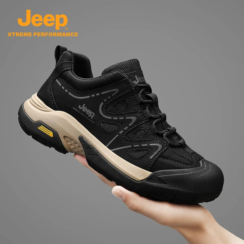Jeep吉普运动鞋春季新款厚底黑色户外健步登山靴耐磨防滑徒步鞋子
