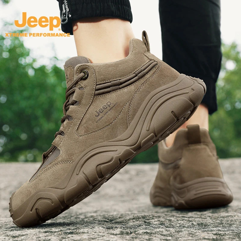 Jeep工装男鞋冬季皮面透气运动防滑登山徒步户外休闲工作劳保潮鞋