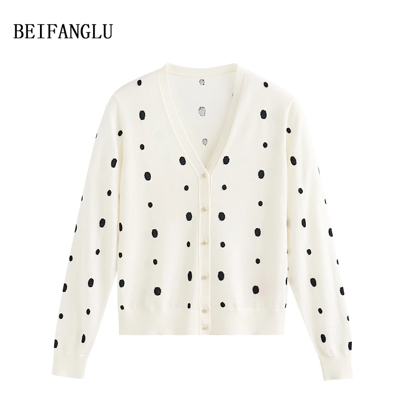 北方鹿 法式复古波点！早秋精纺羊毛气质V领薄款长袖针织开衫6911