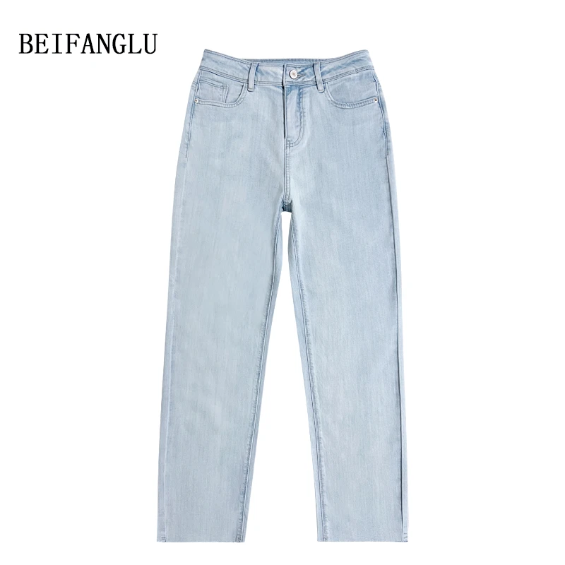 北方鹿直筒时尚休闲春夏设计师九分水洗高腰猫须法棍牛仔裤W9872