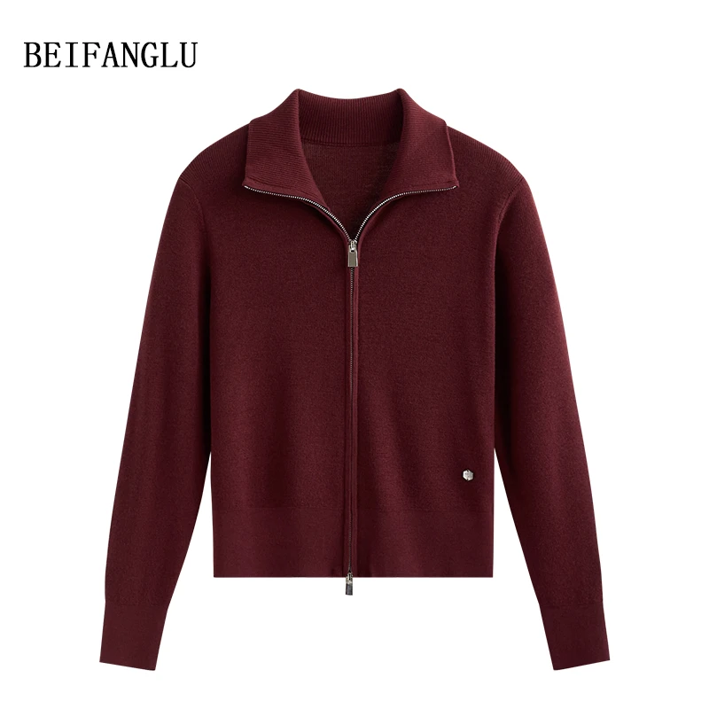 北方鹿 老钱风穿搭精纺羊毛气质安可拉红拉链翻领针织开衫女6278