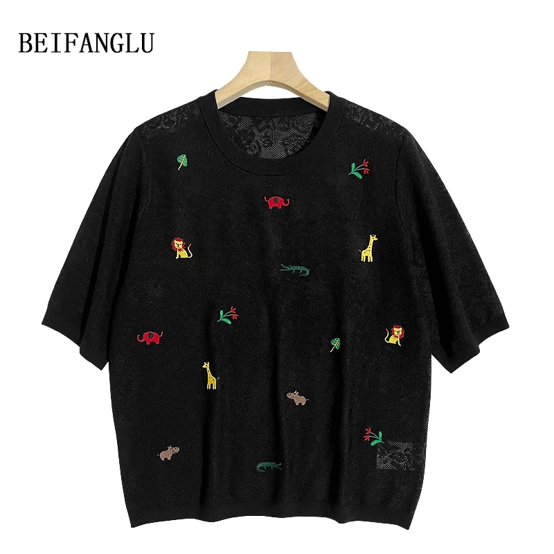 北方鹿【买手设计款】早秋重工刺绣动物园镂空针织短袖羊毛衫女5161