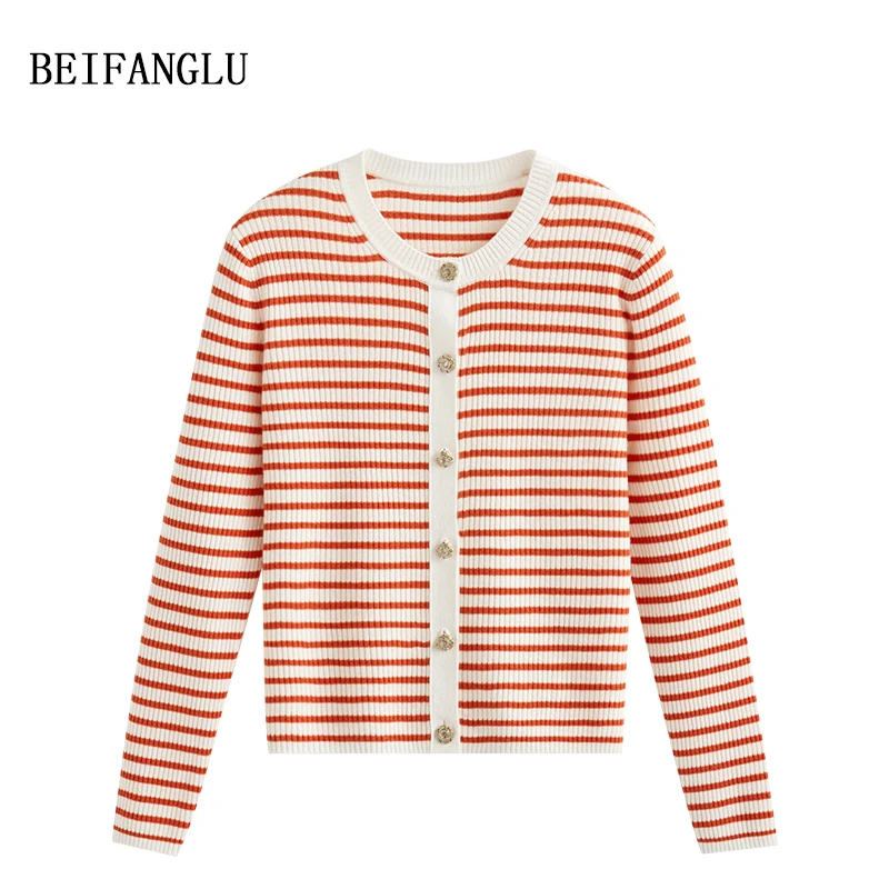 北方鹿太阳花小金扣法式柜单绵羊毛撞色条纹圆领针织开衫女6222