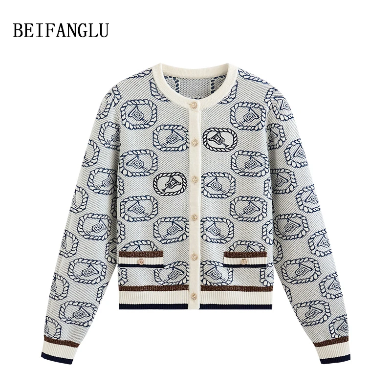 北方鹿 设计师秀场款！2024秋轻奢提花圆领气质羊毛针织开衫2627