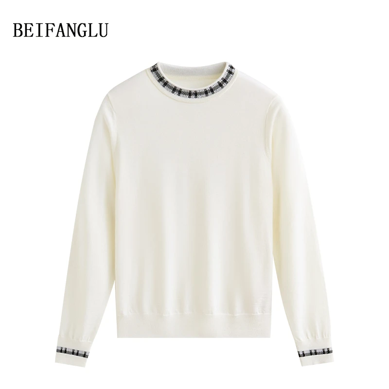 北方鹿 职场通勤法式风精纺羊毛气质黑白格纹女士针织打底衫2614