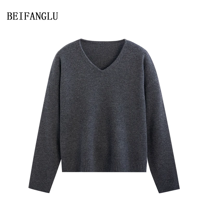 北方鹿法式慵懒风#高级感绵羊毛气质V领百搭针织套头毛衣女2589