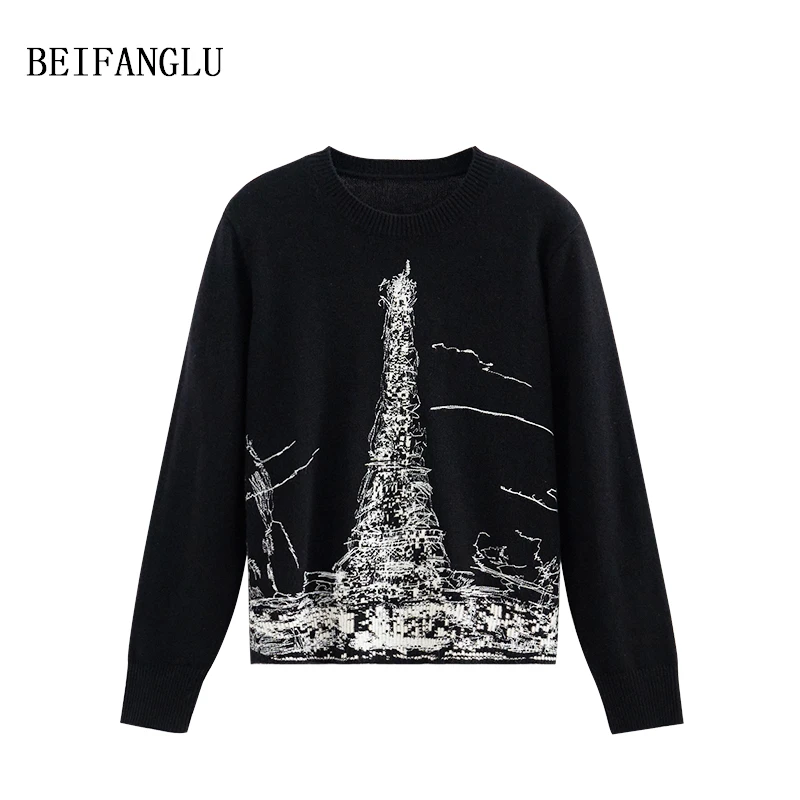 北方鹿 迷情巴黎 艺术感速写铁塔重工刺绣针织衫显瘦套头上衣5622