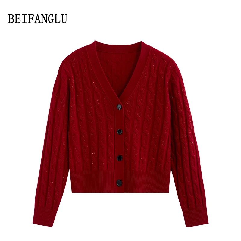 北方鹿满天星绞花烫钻绵羊毛2025早春气质V领长袖针织开衫6666