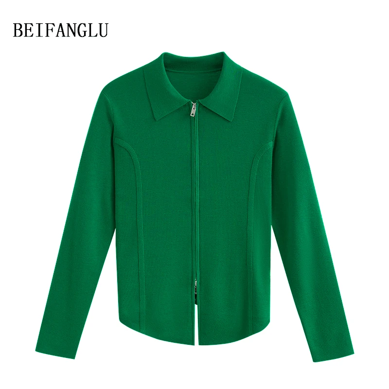 北方鹿【时髦纸片人】精纺羊毛秋显瘦气质POLO领拉链针织开衫5810