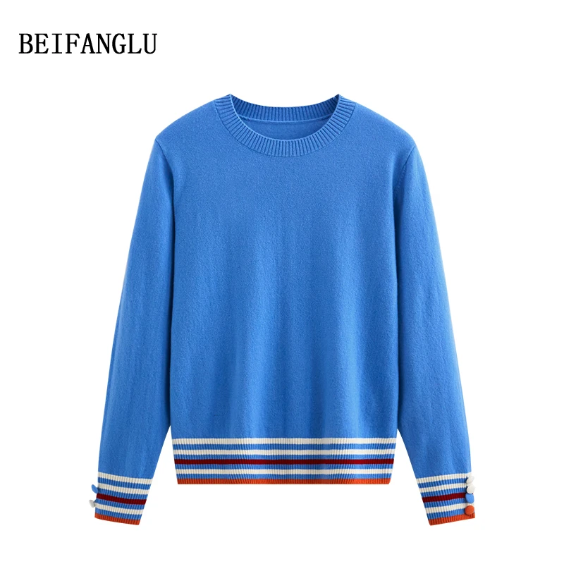 【北方鹿】品牌柜单轻奢绵羊毛2024秋冬气质圆领条纹针织衫女2853