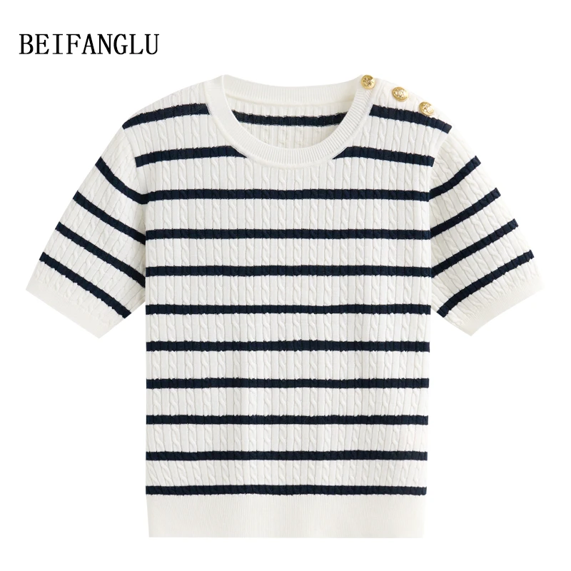 北方鹿 M*O致敬经典！早秋气质法式小金扣条纹针织羊毛短袖女6598