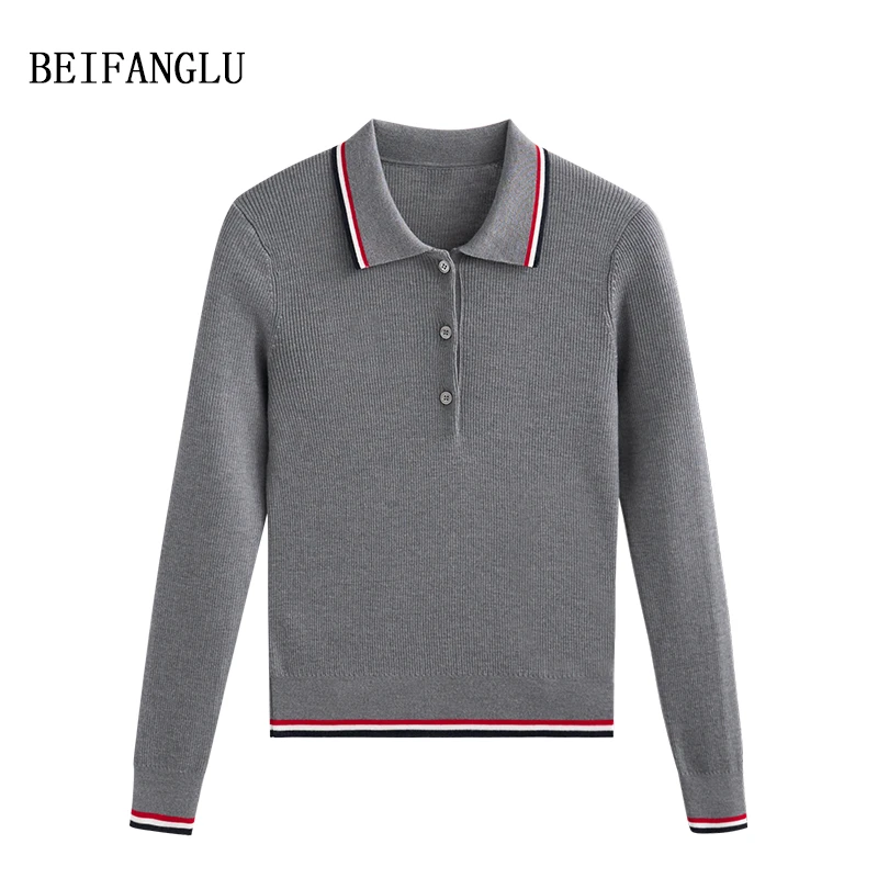 北方鹿轻奢老钱风精纺羊毛早秋撞色条纹POLO领坑条针织衫女5333