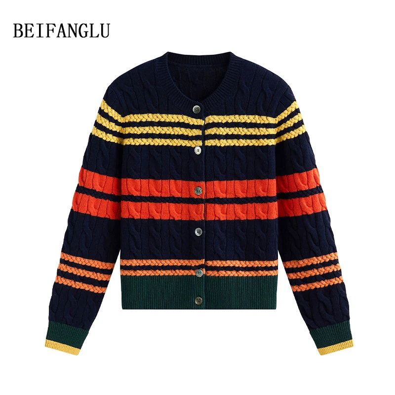 北方鹿秋日画报色彩绵羊毛2024气质复古条纹针织开衫外套女6230