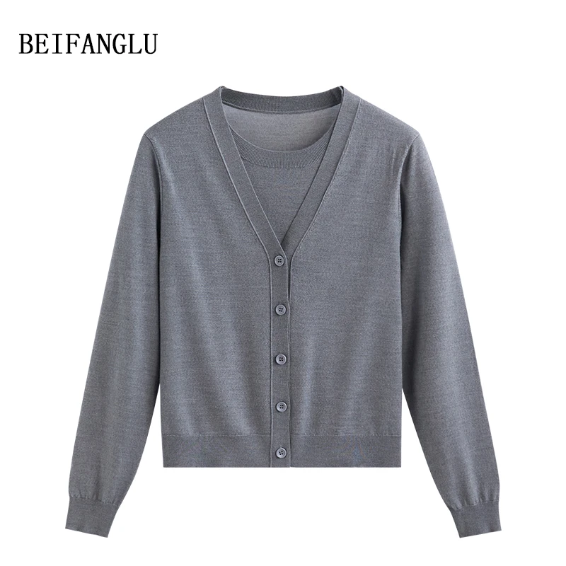 北方鹿 精纺细支羊毛#早秋气质假两件百搭长袖圆领女士针织衫6252