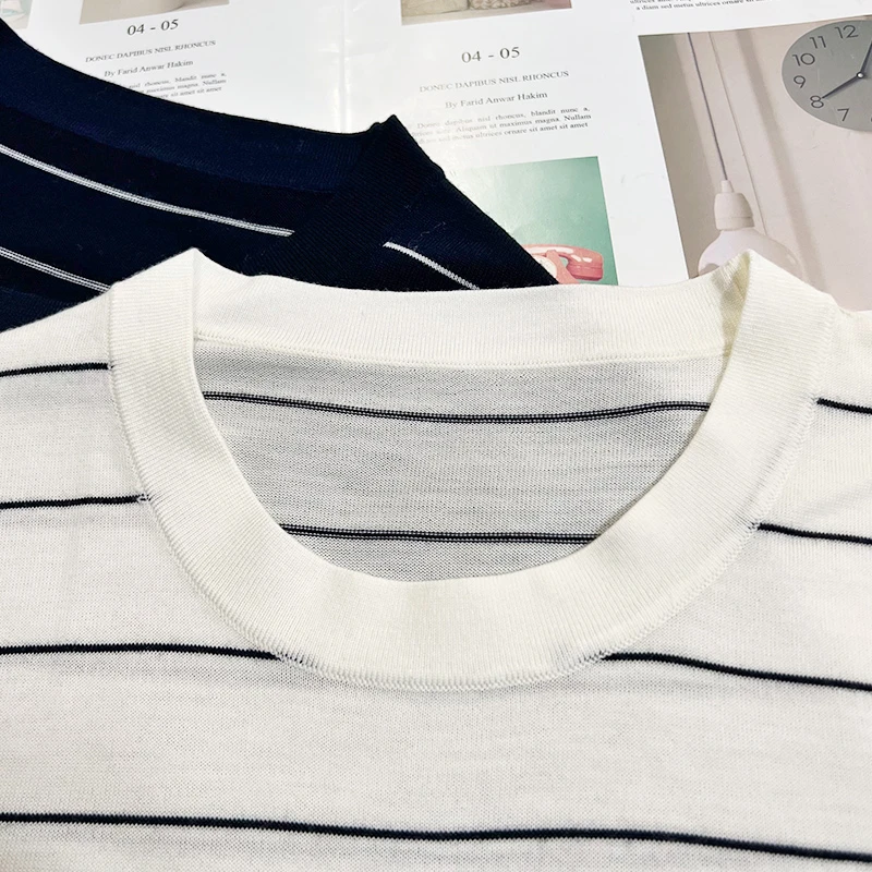 北方鹿【缪斯条纹】精纺羊毛春夏法式简约字母提花女士针织T恤6531