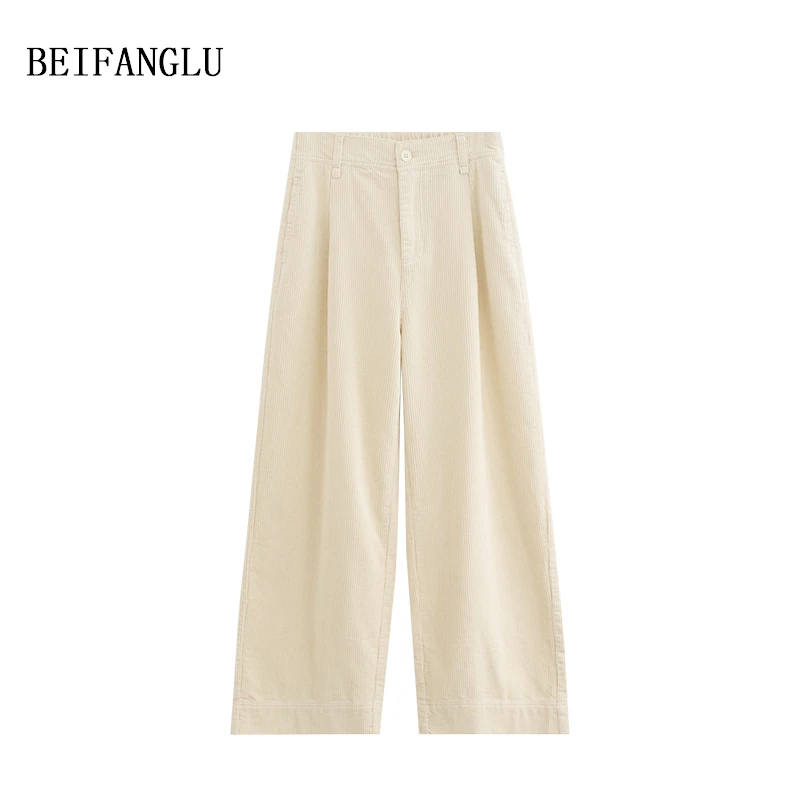 北方鹿法式复古灯芯绒显瘦显腿直压褶松紧腰直筒阔腿裤女W9196