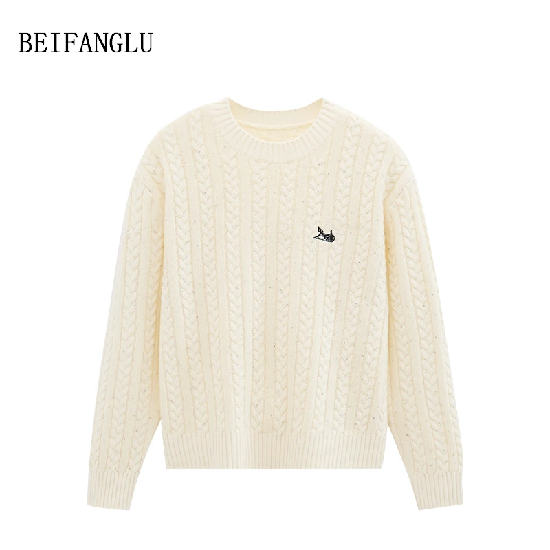 北方鹿星空烫钻绞花毛衣绵羊毛气质法式复古绞花套头针织衫6223