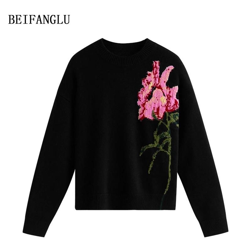 北方鹿国色天香绵羊毛2025冬上新圆领花卉提花针织套头毛衣6907