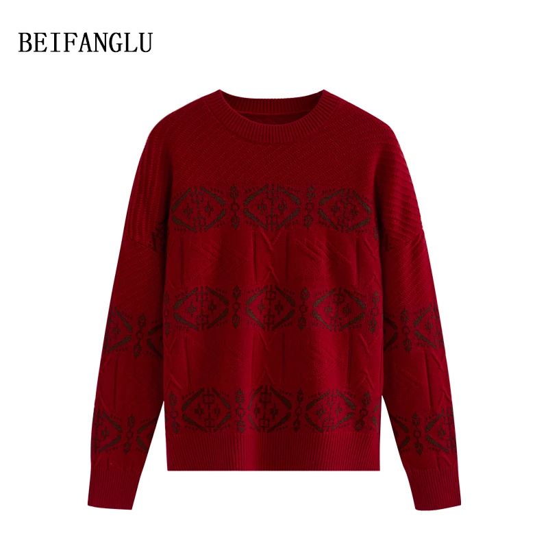 北方鹿费尔岛毛衣绵羊毛2024秋冬气质百搭提花套头针织衫女2660