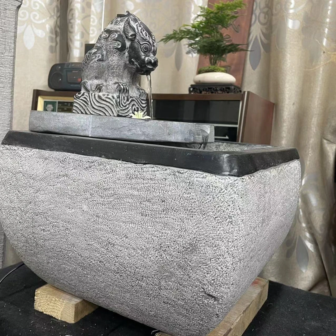 山西青石成套流水摆件【瑞兽＋福禄盘＋斗盆】店铺庭院造景摆件