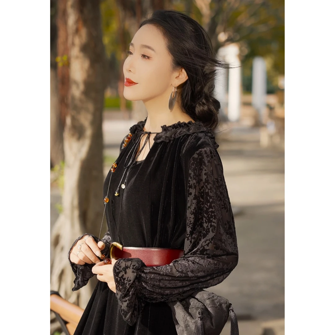 娜三月【草木染】小青复古秋冬定制赫本小黑裙6167连衣裙XYL