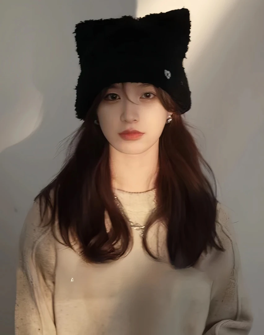 【580】甜美可爱猫耳朵刺绣毛线帽子女保暖护耳毛绒针织帽