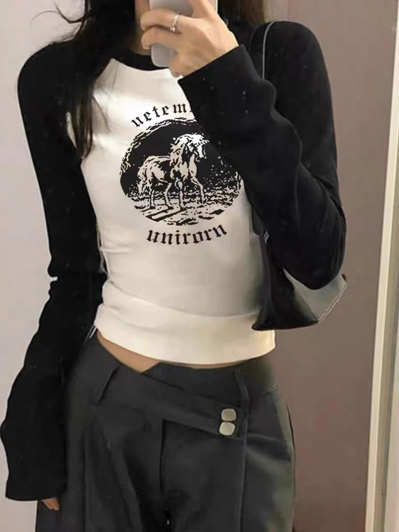 美式复古长袖t恤女春秋新款2025年修身内搭打底衫紧身辣妹上衣服