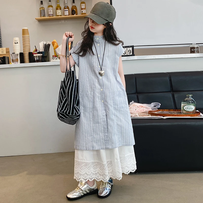 女童夏季大童裙子2024新款洋气连衣裙小女孩长款衬衫长裙两件套潮