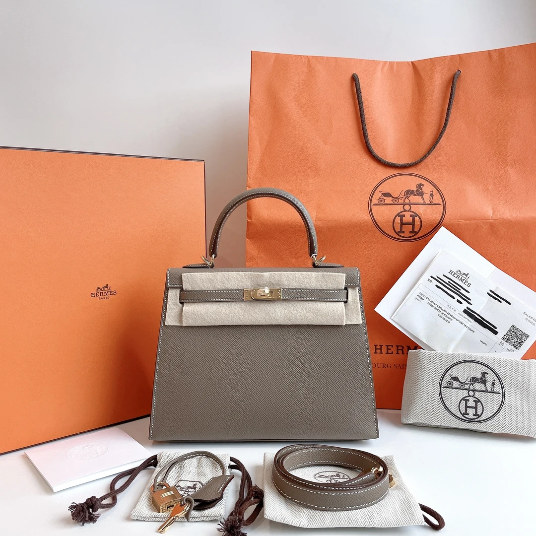 全新未使用 奢之星 Hermes/爱马仕 Kelly25大象灰 Epsom 金扣 B刻