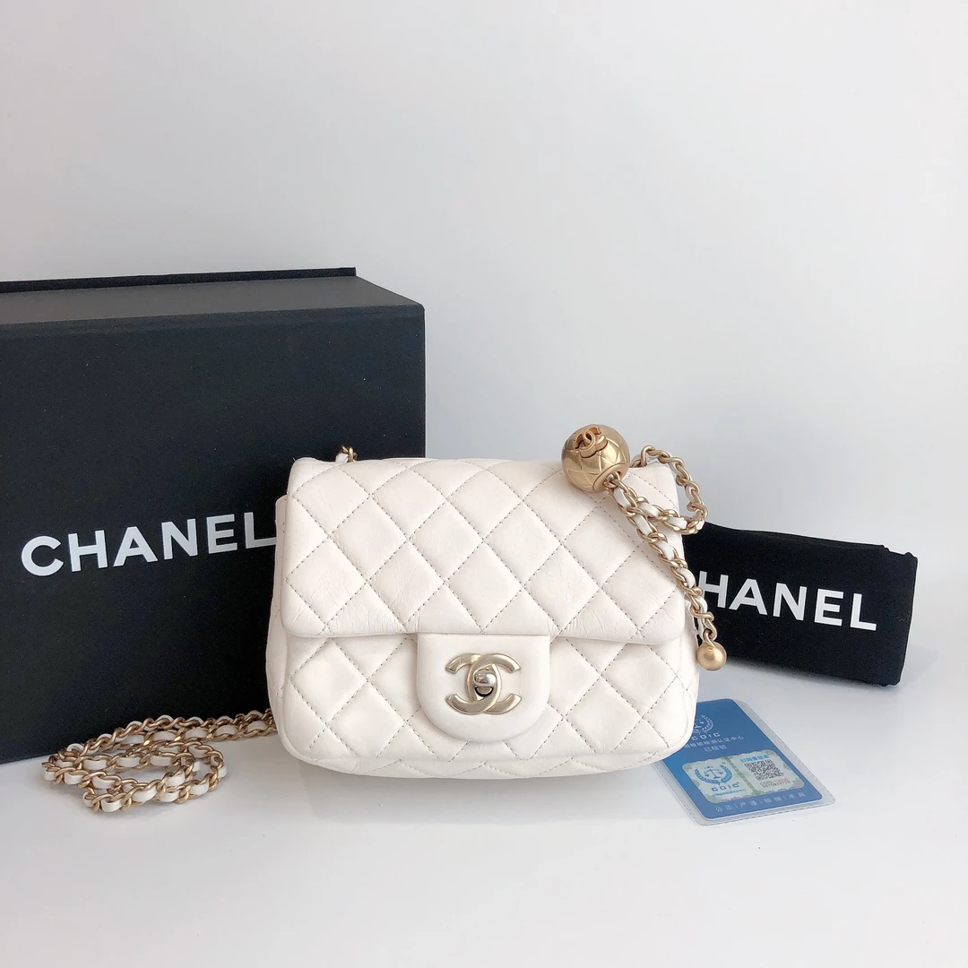 95新 奢之星 CHANEL/香奈儿 白色金扣金球CF方胖子单肩包