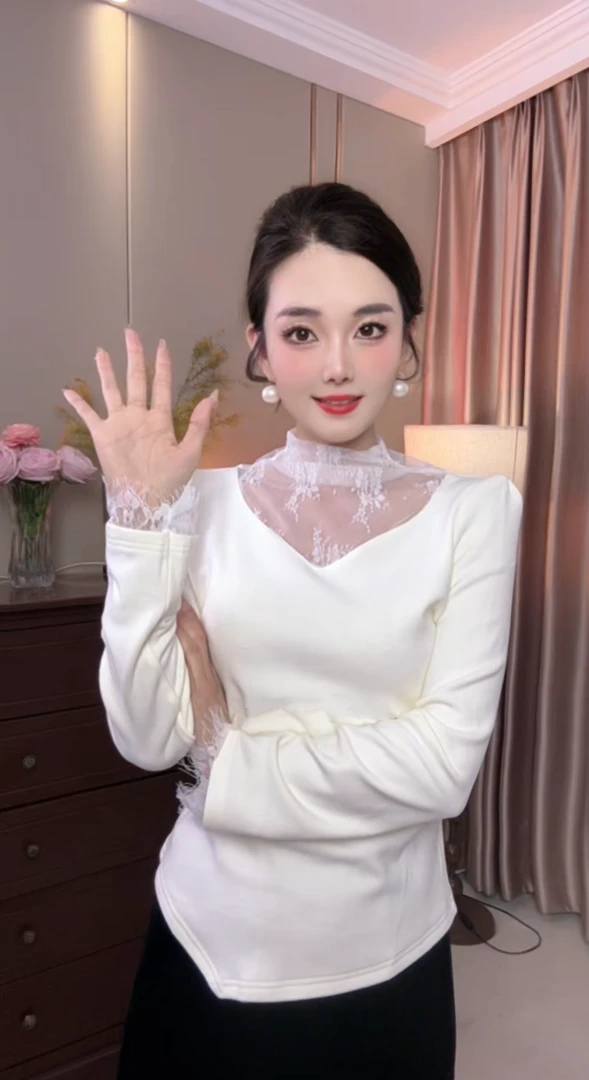 【卿卿专属】836半高领软蕾丝显瘦气质双面绒长袖修身打底衫