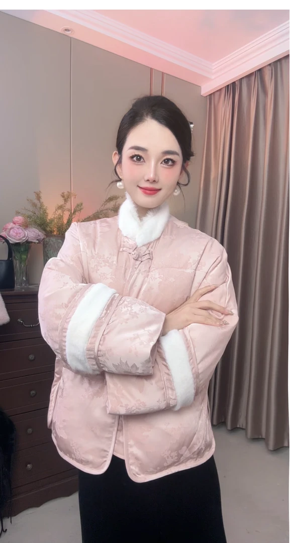 70款 新中式国风短款棉服女复古小个子提花毛毛领盘扣红人上新