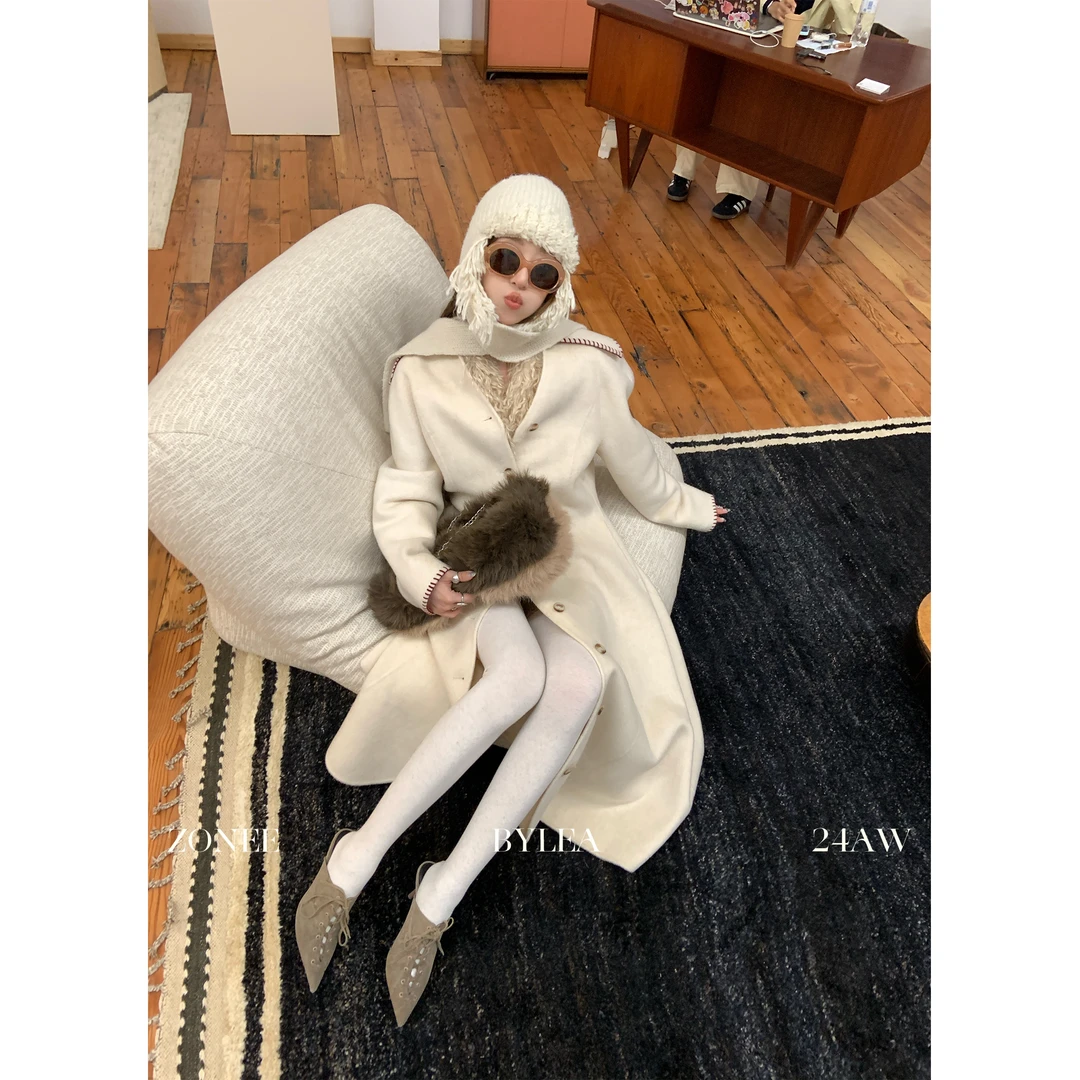 ZONEE gentle woman 法式复古优雅时髦感收腰羊毛双面呢长款大衣