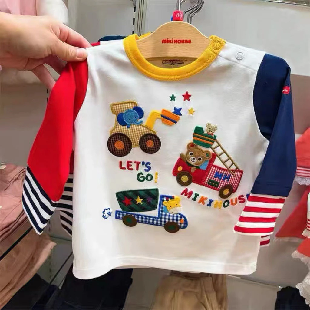 【现货】2024miki秋house 男女童工程车长袖全棉柔软T恤