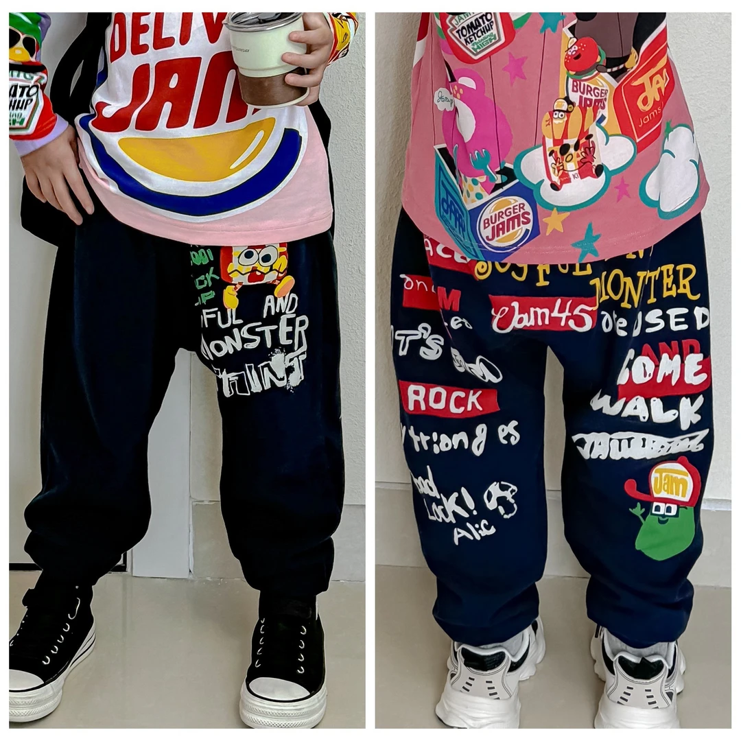 JAM春秋季新款男女童休闲长裤日式潮范宽松束脚裤卡通印花童裤