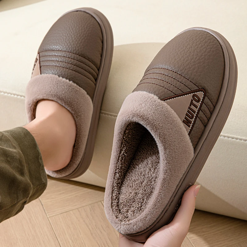 冬季新款PU皮面防水大码男士棉拖鞋加绒加厚防保暖棉鞋居家日常