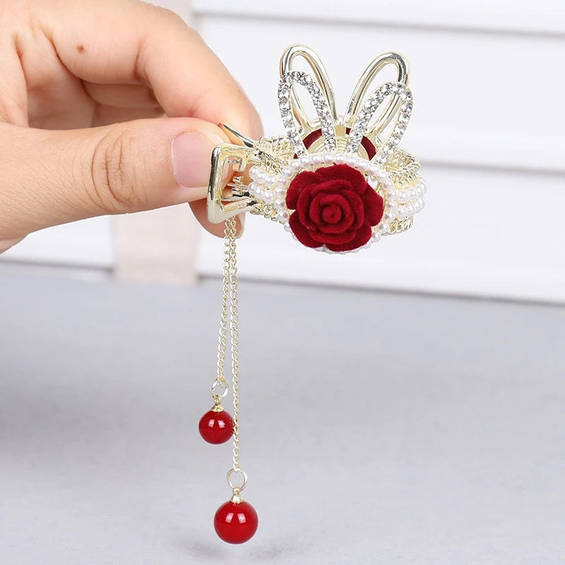 合金发饰 2023新款玫瑰兔耳朵马尾夹秋冬新款高马尾发夹时尚头饰